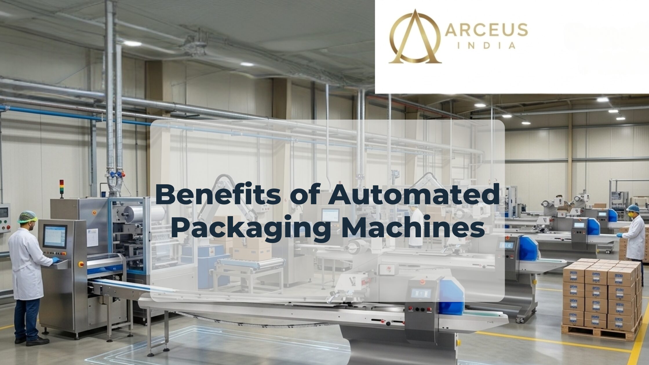 An industrial factory setting featuring several automated packaging machines in operation. In the center, a large, translucent white box contains the bold, dark blue title "Benefits of Automated Packaging Machines." Workers in white lab coats and hairnets are seen monitoring the machinery and organized stacks of cardboard boxes on pallets. The Arceus India logo is positioned in the top left corner against a clean white header.